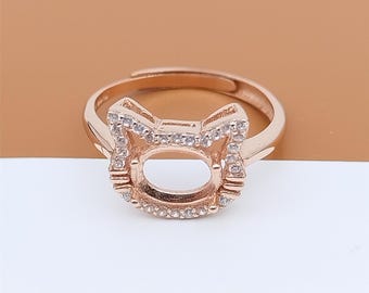 Anillo de gato de plata de ley con circonitas cúbicas, engaste de garras, anillo ajustable chapado en oro rosa, anillo de gato de plata 925 con engaste de bisel, engaste de bisel ovalado, apto para 6 x 8 mm