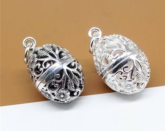 Sterling Silver Prayer Box Charm, 925 Silver Locket, Flower Prayer Box, Egg Prayer Box, Oval Prayer Box, Wish Box, Memory Box