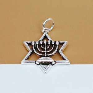 2 Sterling Silver Star of David Jewish Magen Menorah Charm, 925 Silver Jewish Star of David with Menorah Charm, Small Jewish Pendant