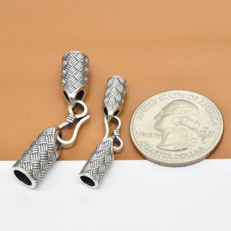 Sterling Silver Weave Cord End Cap with Hook Clasp, 925 Silver Leather Cord End Cap, Cord End Cap Connector, Bracelet Cord End image 2