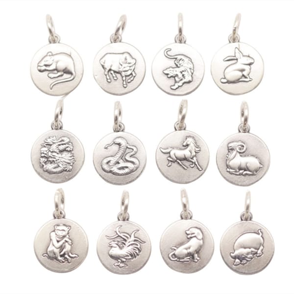 Sterling Silver Chinese Zodiac Charm, 925 Silver Zodiac Tag Charms, Rat Ox Tiger Rabbit Dragon Snake Horse Goat Monkey Rooster Dog Pig Charm