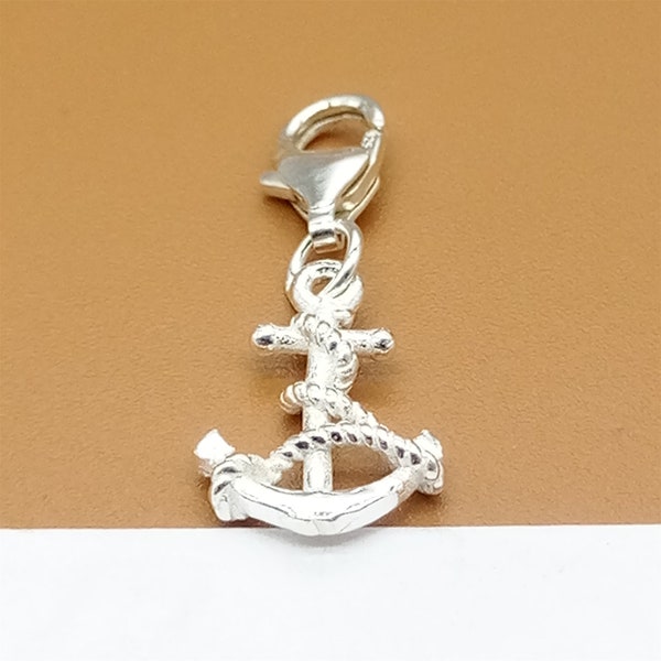 Clip d’ancre en argent sterling sur charme, 925 Charme d’ancre en argent avec fermoir à clip sur homard, charme de collier de mer, charme océanique, charme nautique