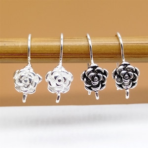4 Pairs Sterling Silver Rose Flower Earring Hooks, Ear Wire Hooks, 925 Silver Earring Hooks, Flower Earwire Hooks, Loop Earring