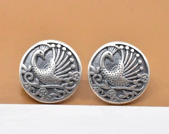 2 Sterling Silver Peacock Button Beads, 925 Silver Peacock Beads, Flower Peacock Button Bead, Flower Bead, Clothes Round Button 10mm