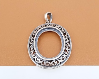 Engaste de cabujón para colgante de filigrana de plata de ley, engaste de bisel para colgante de plata 925 de estilo vintage, engaste ovalado para colgante, apto para 14 x 17 mm.