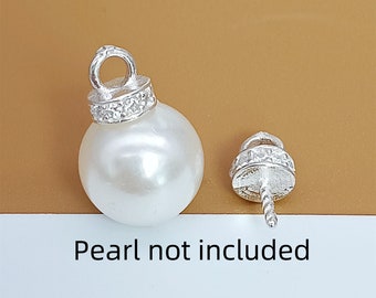4 Engaste de copa y clavija de plata esterlina para perla perforada a medias, clavija de copa de plata 925 con circonita cúbica, fornituras para joyería de perlas, engaste de colgante