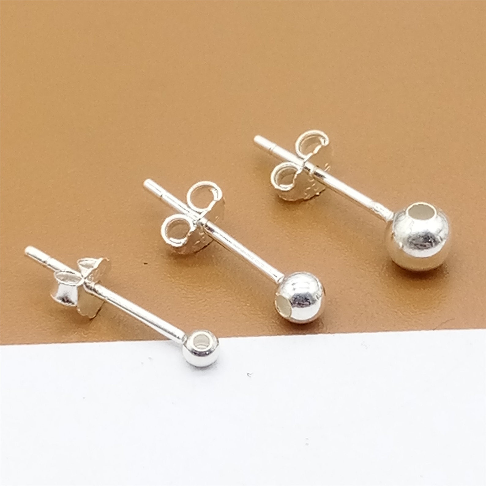 10 Pairs Sterling Silver Bead Stud Earring Posts W/ Hole Etsy
