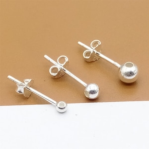 10 Pairs Sterling Silver Bead Stud Earring Posts w/ hole 0.85mm 1.1mm 1.3mm, 925 Silver Ear Studs w/ Nuts, End Beads 2mm 3mm 4mm