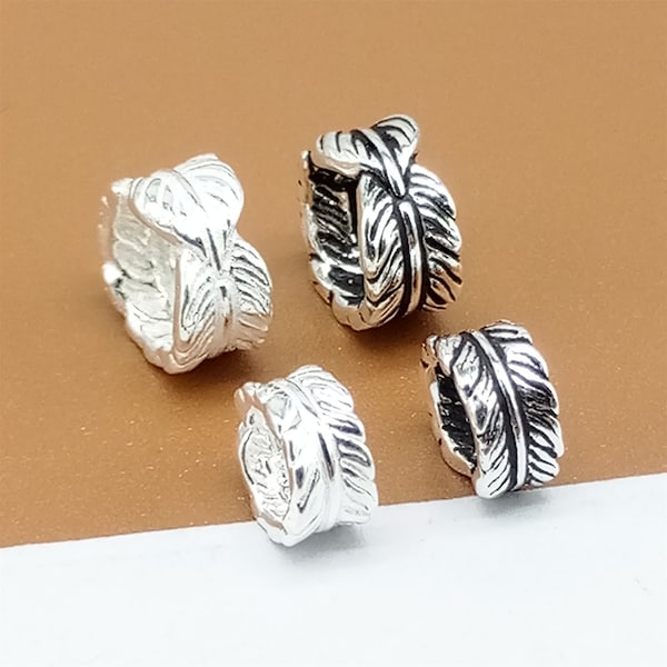 5 Sterling Silver Feather Bead, 925 Silver Bird Bead, Round Spacer Bead, Large Hole Bead, Bracelet Bead, Necklace Bead 7mm 9mm