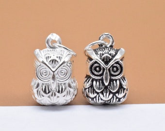 2 Sterling Silver Owl Charms w/ Tiny Ball Inside, 925 Silver Hollow Small Owl Pendant 2-Sided, Animal Charm, Bracelet Charm, Necklace Charm