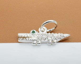 2 dijes de cocodrilo de plata de ley con circonita cúbica, dije de cocodrilo de plata 925, dije de caimán, dije para collar, dije para pulsera