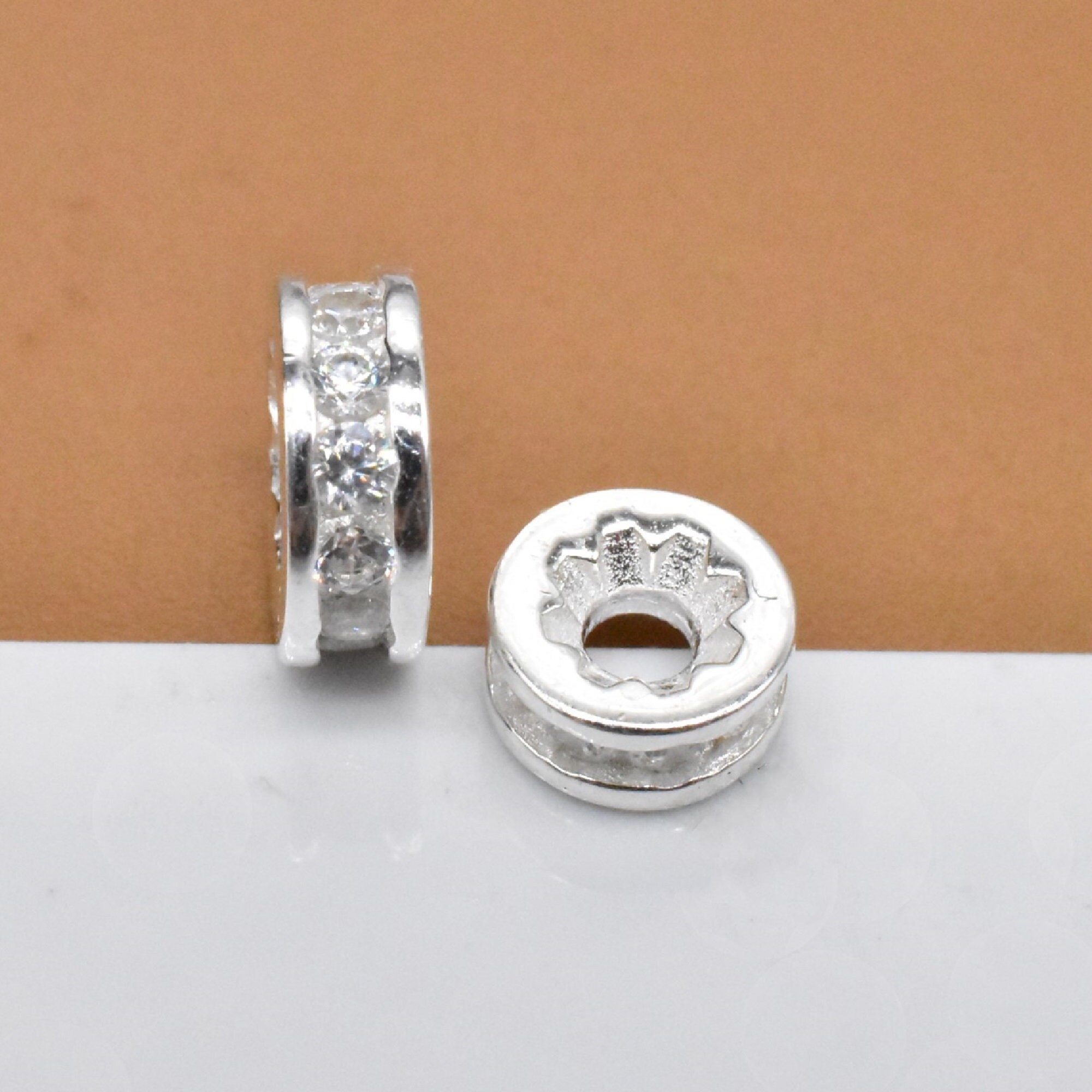 2 Sterling Silver Donut Beads with CZ 925 Silver Donut Spacer Etsy
