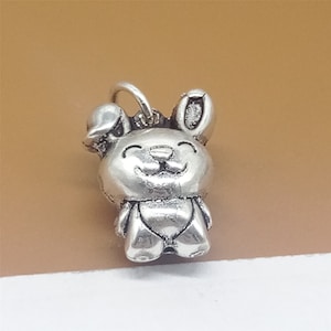 925 Sterling Silver Cartoon Style Bunny Charm 2-Sided 3D Hollow for Bracelet Necklace