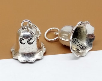 2 Sterling Silver Ghost Bell Charm w/ Chinese Lucky, Nightmare Charm, 925 Silver Jingle Bell Charm, Bracelet Charm, Necklace Charm, NO SOUND