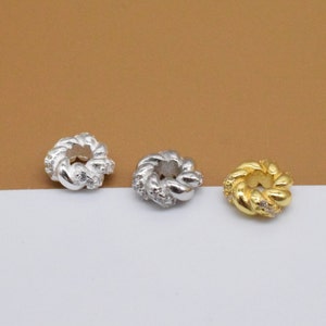 5 Sterling Silver Twisted Beads w/ CZ, 925 Silver Coiled Ring Spacer Bead, CZ Bead, Gold Plated Ring Bead, Rhodium Plated Round Bead 7mm