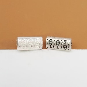 4 Sterling Silver Fish Beads 2-Sided, 925 Silver Rectangle Bead, Sea Bead, Tribal Bead, Ocean Bead, Bracelet Bead, Necklace Bead
