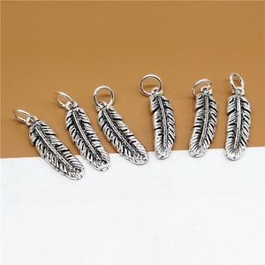 4 Sterling Silver Feather Charms, Oxidized Feather, 925 Silver Feather Charms for Bracelet Necklace