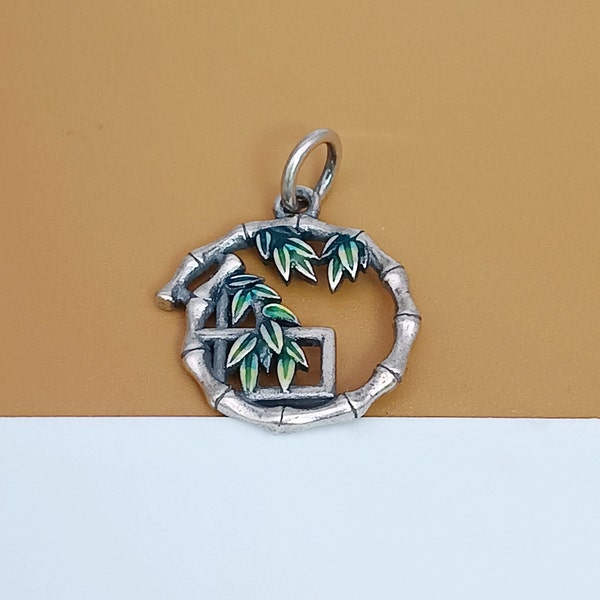 2 Sterling Silver Bamboo Charms Enameled, 925 Silver Leaves Charm, Circle Bamboo Charm, Bamboo Pendant, Bracelet Charm, Necklace Charm