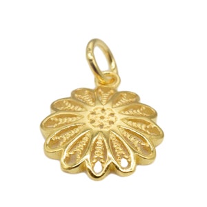 14K Gold Vermeil Style Filigree Flower Charm, Sterling Silver Floral Charm with One Micron 14K Gold Plated, Bracelet Charm, Necklace Charm