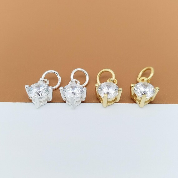 2 Sterling Silver Small Gemstone Charms, 925 Silver Stone Charm with CZ, Gold Plated Earring Charm, Bracelet Charm, Necklace Charm