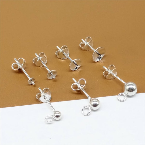 10 Pairs Sterling Silver Earring Posts with Cup Peg Ball Back 3mm 4mm 5mm 6mm, 925 Silver Ball Earring Posts with Open Jump Ring