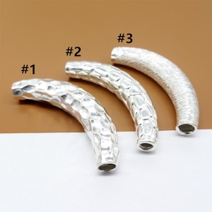 925 Sterling Silver Shiny Curve Tube Bead, Bracelet Spacer Tube, Hammered Style Large Hole Tube for Jewelry Making