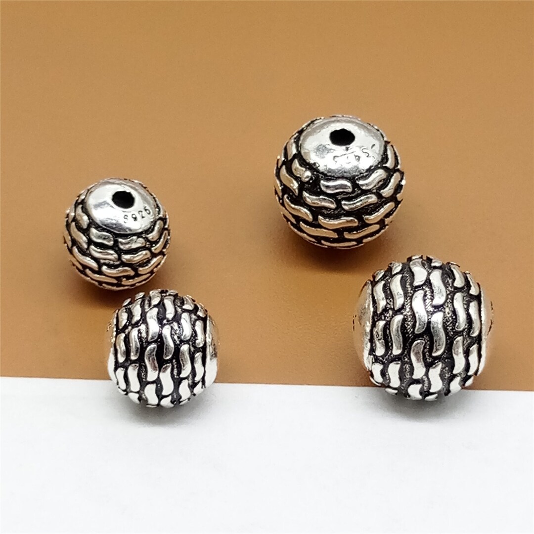 4 Sterling Silver Engraved Round Ball Beads 8mm 10mm, 925 Silver Round