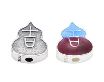 Sterling Silver Lucky Gurus Beads Enameled 2-Sided, 925 Silver Gourd Bead, Good Luck Bead, Fortune Gourd Bead, Chinese Luck Bead 4 Holes