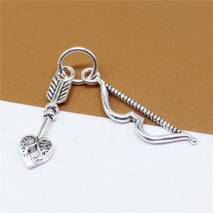 5 Sterling Silver Bow and Arrow Charms, 925 Silver Archery Lovers Charms, Heart Arrow Charms, Archery Charm