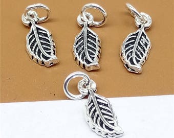 10 Sterling Silver Leaf Charms 2-Sided for Necklace Bracelet, 925 Silver Leaves Charms