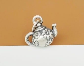 Charm de tetera 3D de plata fina 990, charm de tetera con flores de plata esterlina, charm de flores, charm de tetera china, charm para pulsera, LIGERO