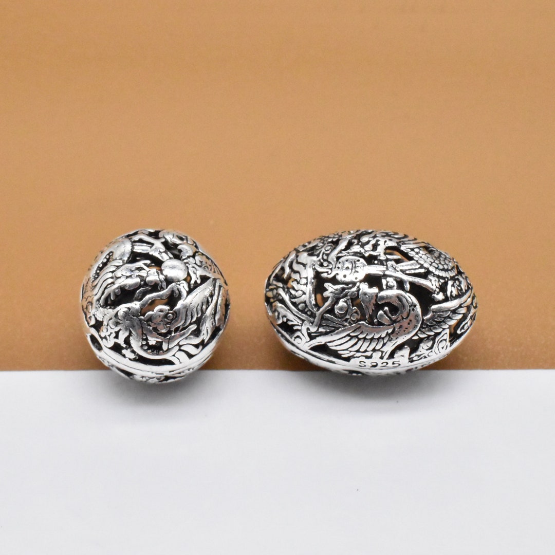 2 Sterling Silver Dragon Beads 2sided 925 Silver Dragon Etsy