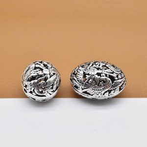 2 Sterling Silver Dragon Beads 2-sided, 925 Silver Dragon Beads, Dragon Round Beads, Oval Dragon Beads, Hollow Dragon Beads, Bracelet Beads