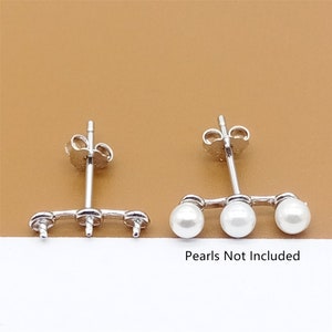 Sterling Silver Bar Earring Stud Post Rhodium Plated with Triple Cup Peg for Half Drilled Pearl Bead, 925 Silver Ear Post