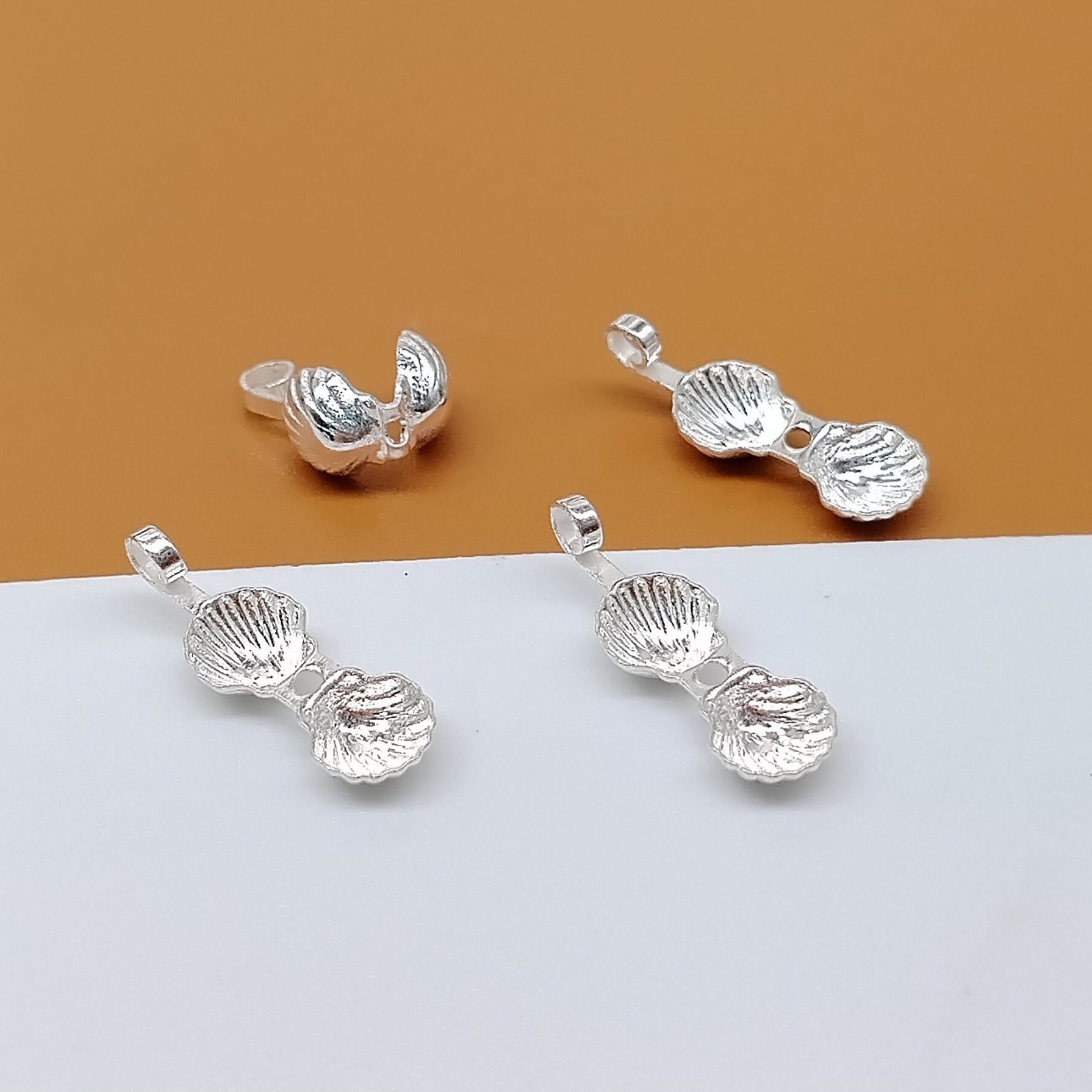 8 Sterling Silver Seashell Clamshell End Tip Covers, 925 Silver Fold ...