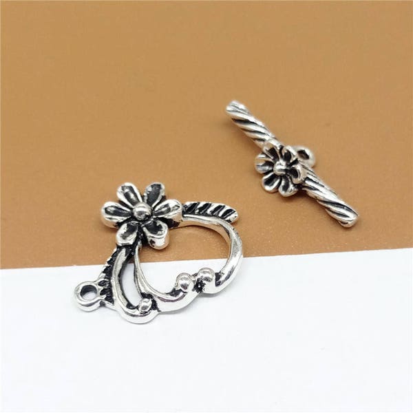 2 Sterling Silver Toggle Clasps, Sterling Toggle Clasps, 925 Silver Flower Toggle Clasps, Circle and Stick