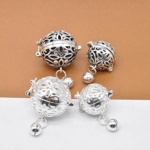 Sterling Silver Ball Locket Charm with Bell, 925 Silver Flower Locket Charm, Round Locket Pendant, Flower Prayer Box, Wish Box, Memory Box