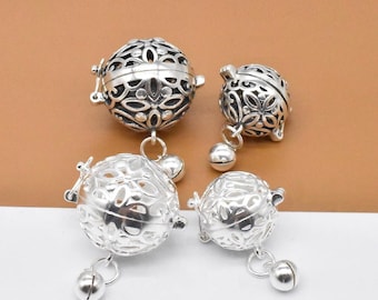 Dije de medallón de bola de plata esterlina con campana, dije de medallón de flor de plata 925, colgante de medallón redondo, caja de oración de flores, caja de deseos, caja de recuerdos