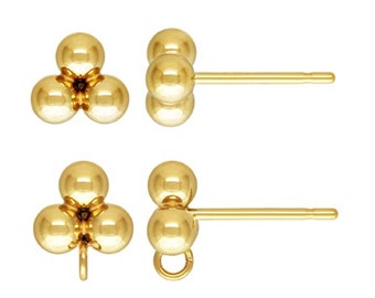 14K Gold Filled 3 Balls Post Earrings WITHOUT Backs, Gold Filled 3mm Ball Earring Post, Ear Post w/ Open Jump Ring, Soldered Stud Earring