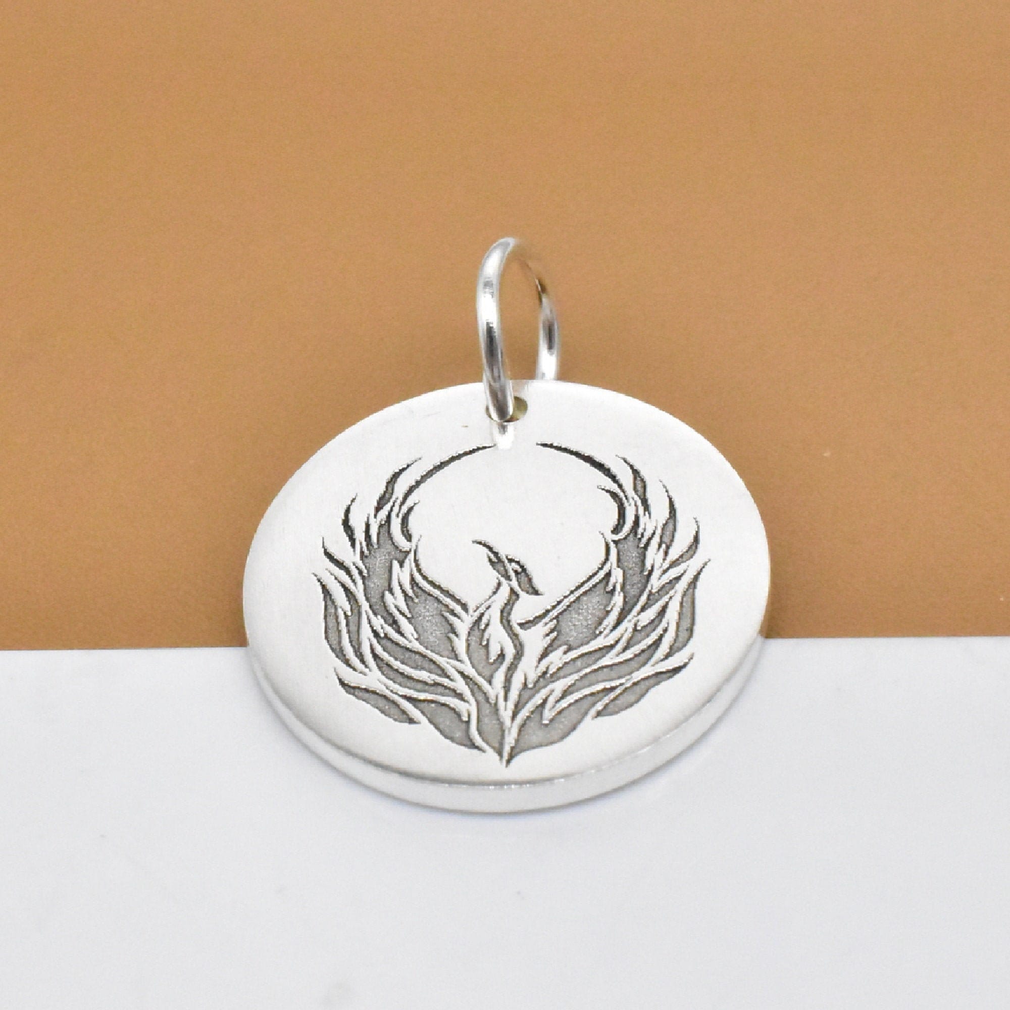 Sterling Silver Engraved Phoenix Charm, 925 Silver Phoenix Disc