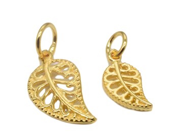 14K Gold Vermeil Style Leaf Charm, 925 Sterling Silver Leaf Charm with One Micron 14K Gold Plated, Hollow Leaves Charm, Necklace Charm