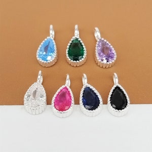 6 Sterling Silver Drop Charms w/ CZ, 925 Silver Small Water Drop Charms, Birthstone Charm, Teardrop Charm, Bracelet Charm, Necklace Charm