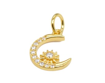 14K Gold Vermeil Style Crescent Moon Charm w/ White CZ, Heavy 14K Gold Plated Small Moon Charm over 925 Sterling Silver, Moon and Sun Charm