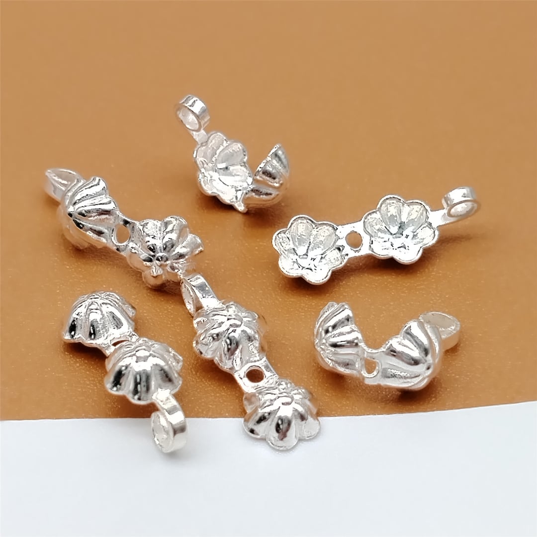 8 Sterling Silver Plum Flower Clamshell End Tip Covers, 925 Silver Fold ...