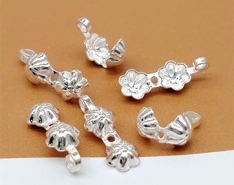 15 couvre-embouts d’extrémité à clapet en fleur de prunier en argent sterling, 925 argent repliable sur clapet, pointe de perle à clapet, couvercle à sertir, extrémité du couvercle de pointe de noeud