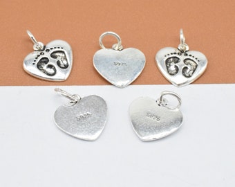2 Sterling Silver Heart Charms, 925 Silver Footprint Charm, Love Charm, Foot Print Charm, Love Heart Pendant, Bracelet Charm, Necklace Charm