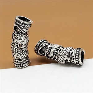 2 Sterling Silver Dragon Tube Beads, 925 Silver Embossed Dragon Tube Bead, Bracelet Tube Bead, Necklace Tube Bead, Hole 4mm