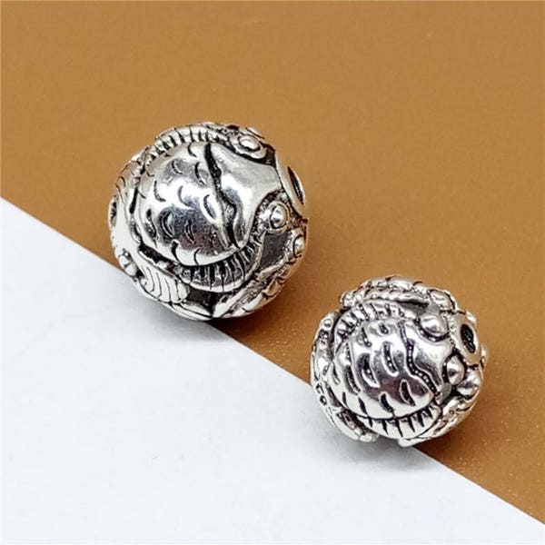 Sterling Silver Fish Round Beads, 925 Silver Fish Round Beads, Fish Spacer Beads, Bracelet Fish Bead 9.5mm 7.5mm