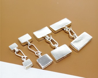 925 Sterling Silver Rectangular Cord End Caps, 925 Silver Leather Cord Flat End Cap w/ Hook Clasp, Rectangle Cord End Caps