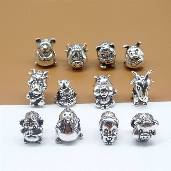 Sterling Silver Chinese Zodiac Beads for European Bracelet, Rat Ox Tiger Rabbit Dragon Snake Horse Goat Monkey Rosster Dog Pig Bead